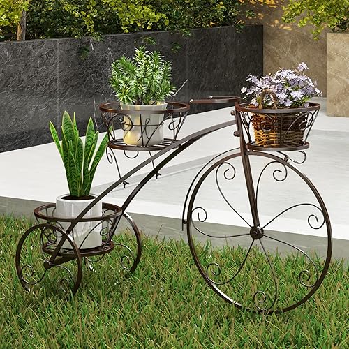 Miniatura 3 de Giantex Maceta de metal para bicicleta, soporte de 3 niveles para plantas de flores con 3 ruedas decorativas, soporte de exhibición de flores de