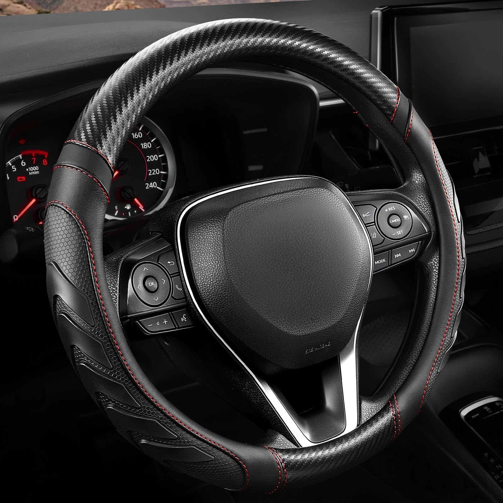 Photo 1 of West Llama Carbon Fiber Leather Steering Wheel Cover with Anti-Slip Grip, 3D Textured Design, 14.5-15 Inch Car Steering Wheel Cover, Durable Interior Accessory?Standard Size-Black+Red