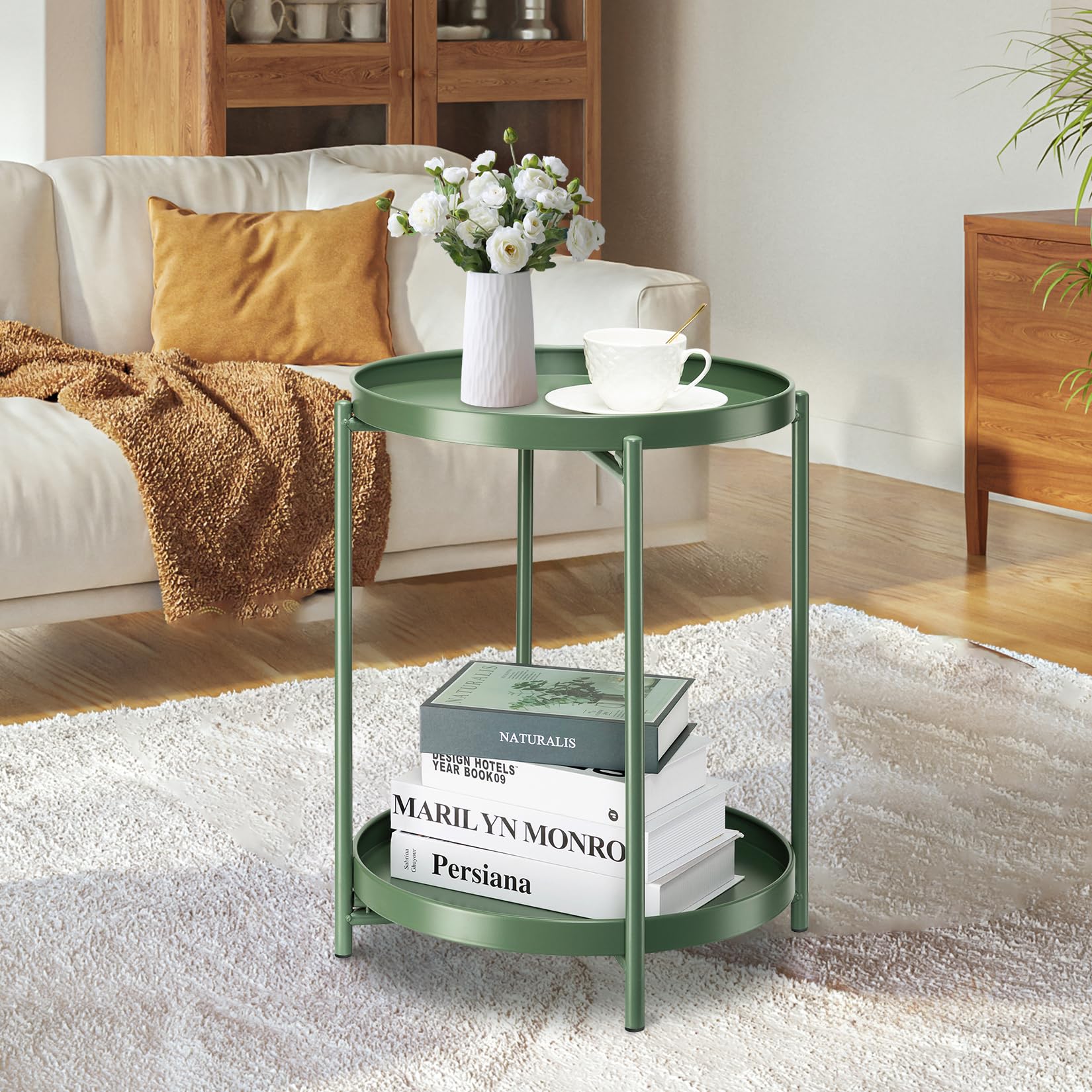 danpinera Tavolino in metallo a 2 ripiani con vassoio rimovibile, tavolino da esterno piccolo, antiruggine verde, comodino per camera da letto, balcone, patio (verde scuro)