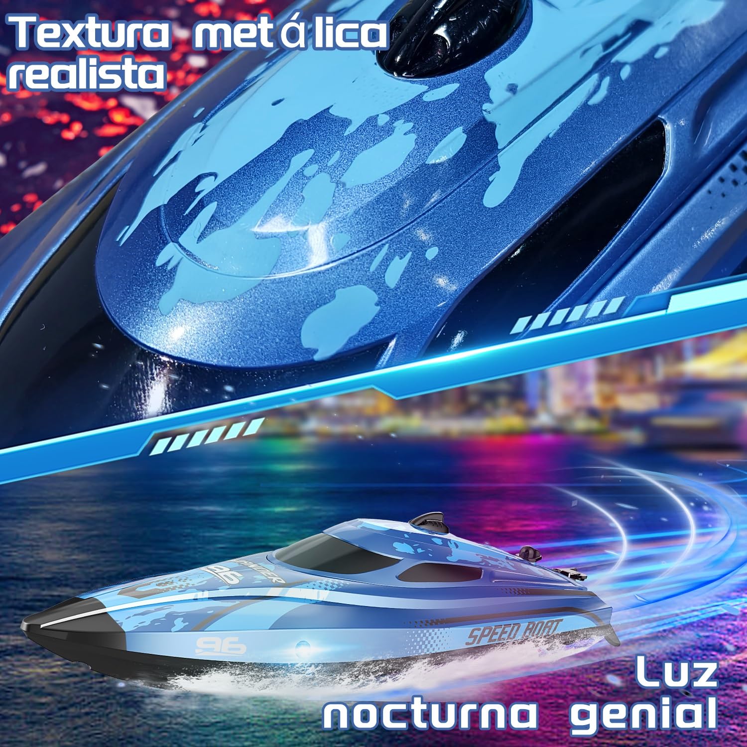 Barco teledirigido con luz LED, 25 km/h, barco teledirigido para niños | Lancha rápida de 2,4 GHz con 2 pilas para 40 minutos de tiempo de reproducción, regalo para niños a partir de 6 8 años (azul)