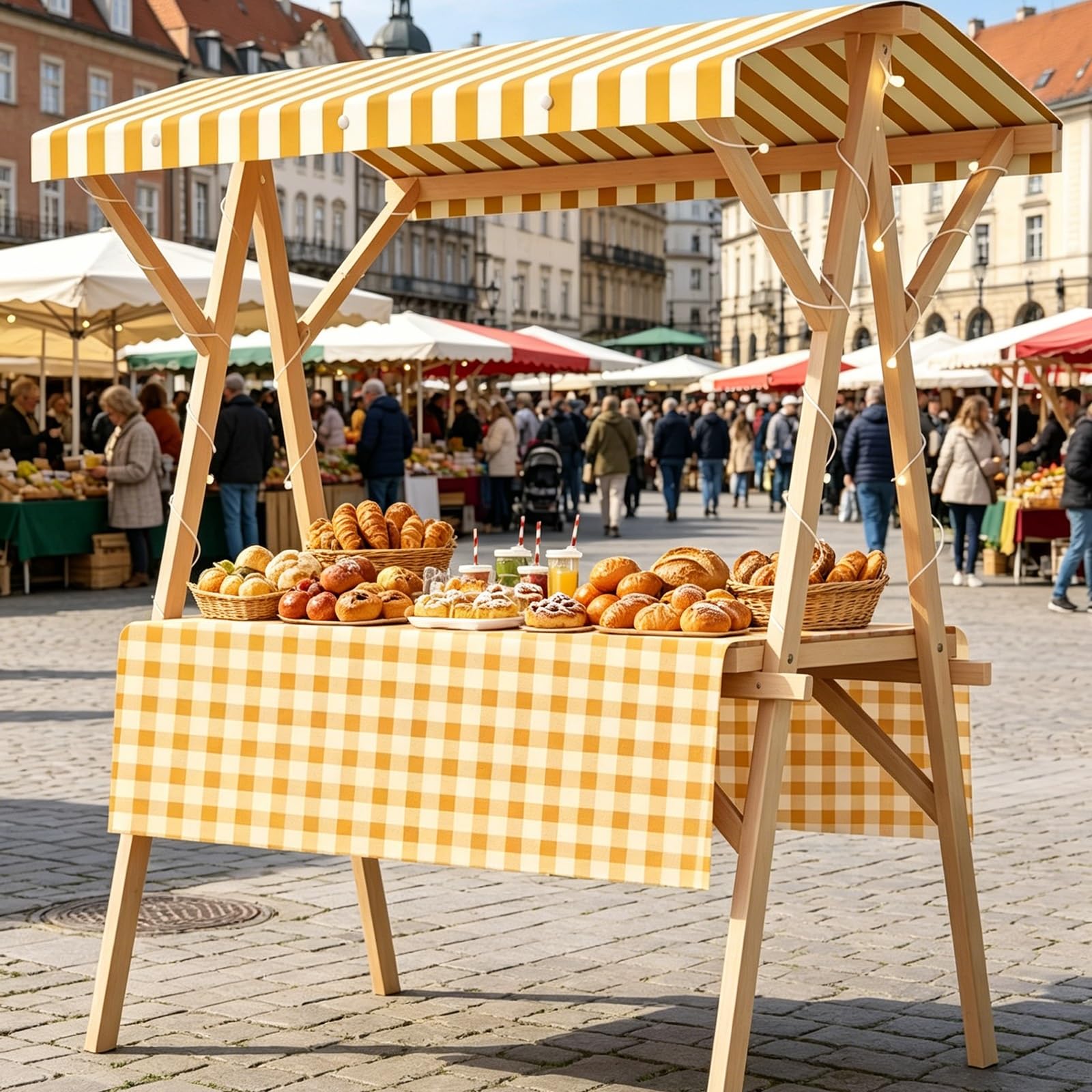ZDMZR Foldable Wooden Vendor Stand with Canopy, Market Stall, Display Stand for Farmers Market, Craft Fair, Events(Yellow,150x60x200CM/59x24x79IN)