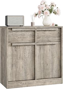 Modern Wooden Sideboard Buffet Storage Cabinet with 2 Cabinet Doors & Drawers, Multipurpose Coffee Bar Cabinet for Dining Room, Kitchen, Living Room Entryway, Grey