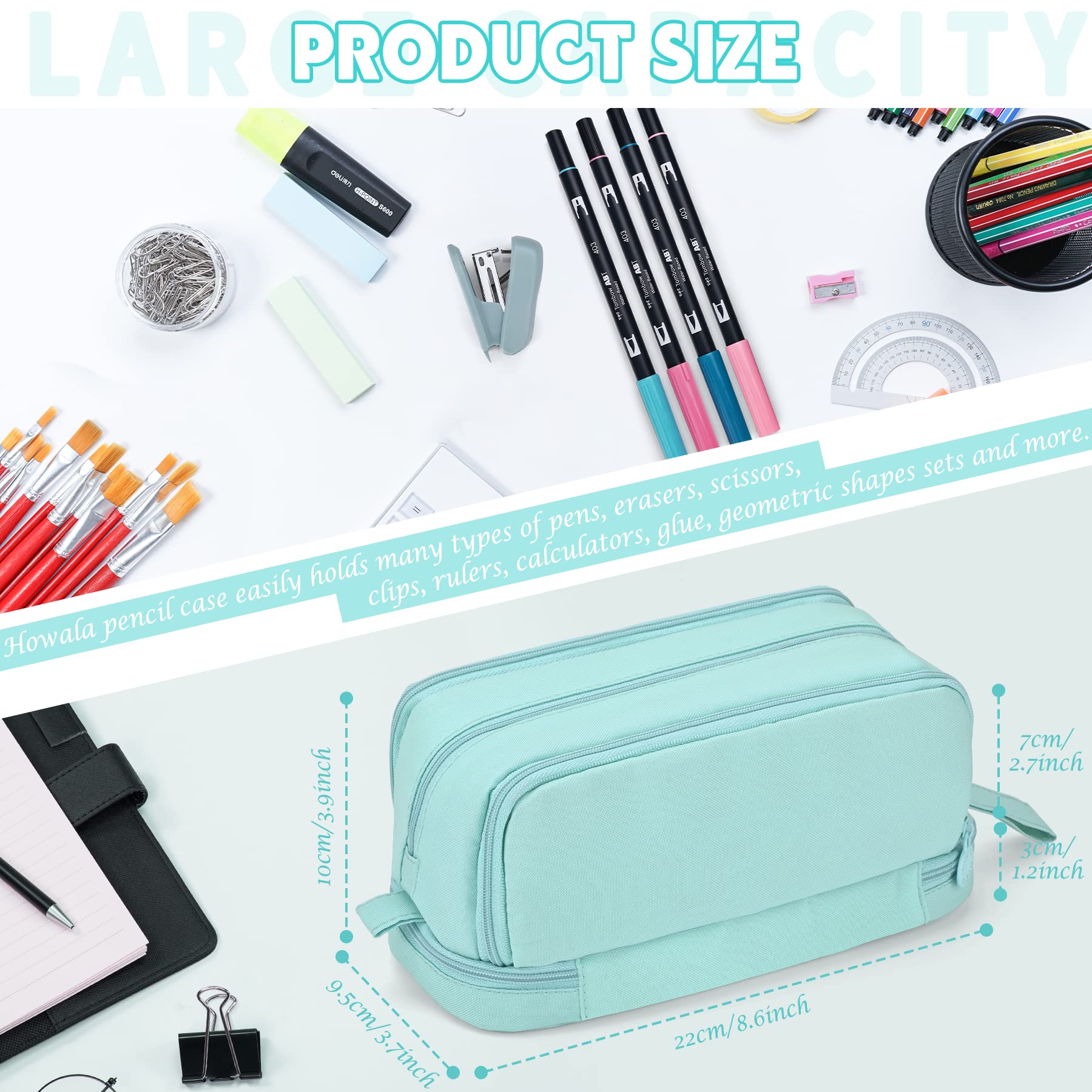 Howala Pencil Case Large Capacity Pencil Pouch for Girls Boys with 4 Compartments Multifunctional Pen Bag Stationery Organizer Office Makeup Bag Portable Pen Bag for Teenage Adult Women Light Green - Image 2