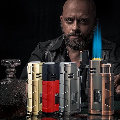 Miniatura 6 de Encendedor de antorcha con llama de chorro triple recargable de butano, encendedor a prueba de viento con soporte de soporte para puros, butano no