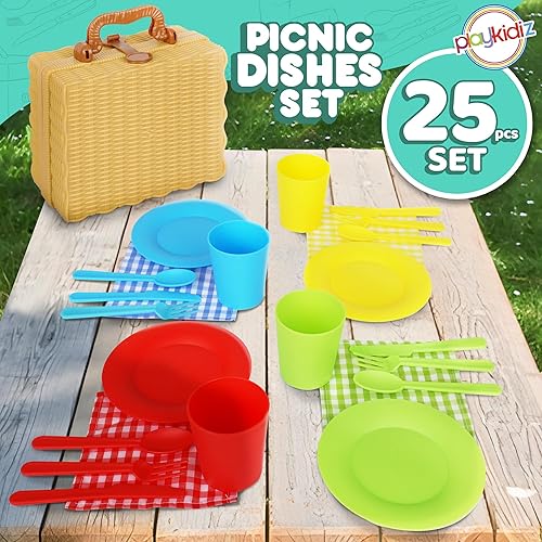 Miniatura 4 de Cesta de picnic para niños, juego de 25 piezas de plástico para fiesta de té, juego de platos de juego de simulación de colores, juguetes de cocina