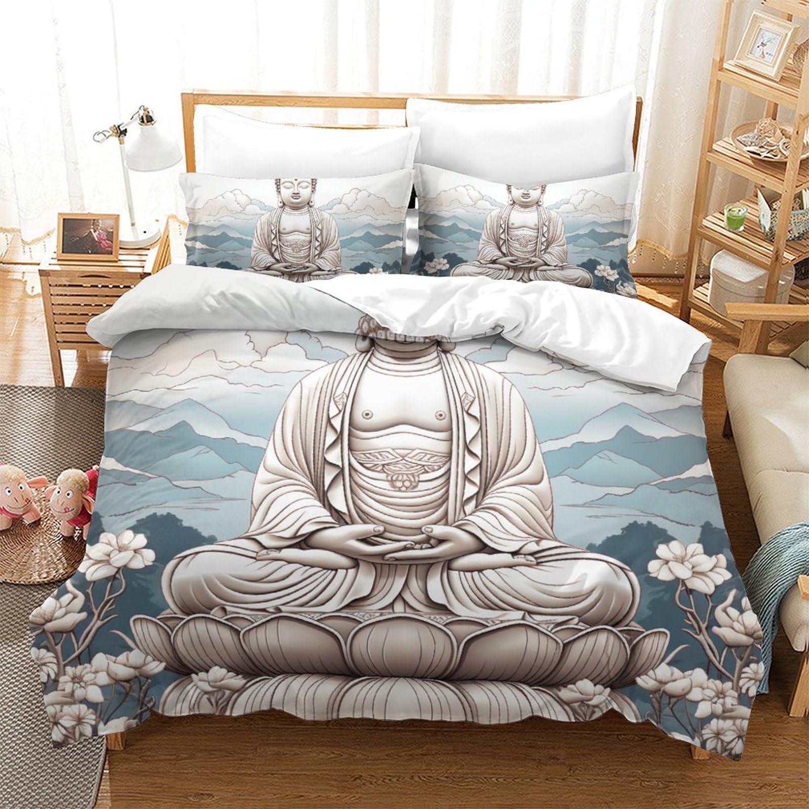 Parure de couette Bouddha 3D lit 260 x 220 avec fermeture éclair pour chambre ado