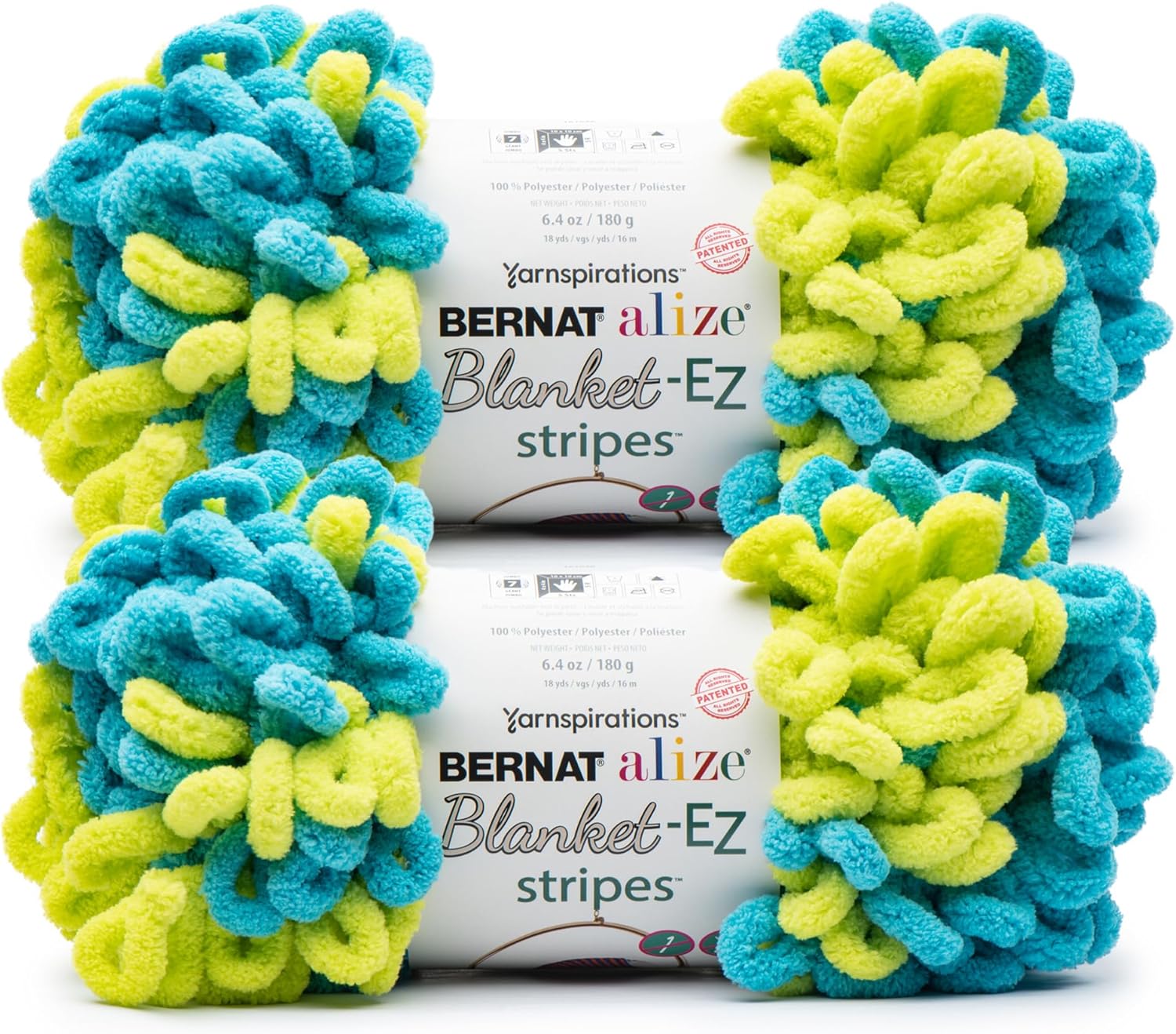 Bernat Alize Blanket EZ Stripes Limeade Yarn - 2 Pack of 180g/6.4 oz - 100% Polyester - #7 Jumbo - 18 Yards - Chunky Yarn for Hand Knitting/Crochet