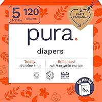 MyPura Size 5 Eco Diapers 120ct (6 Packs) - TCF Hypoallergenic Organic Cotton 12Hr Leakproof Sustainable for 24-35lbs Babies