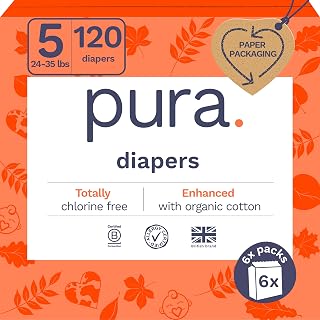 MyPura Size 5 Eco Diapers 120ct (6 Packs) - TCF Hypoallergenic Organic Cotton 12Hr Leakproof Sustainable for 24-35lbs Babies