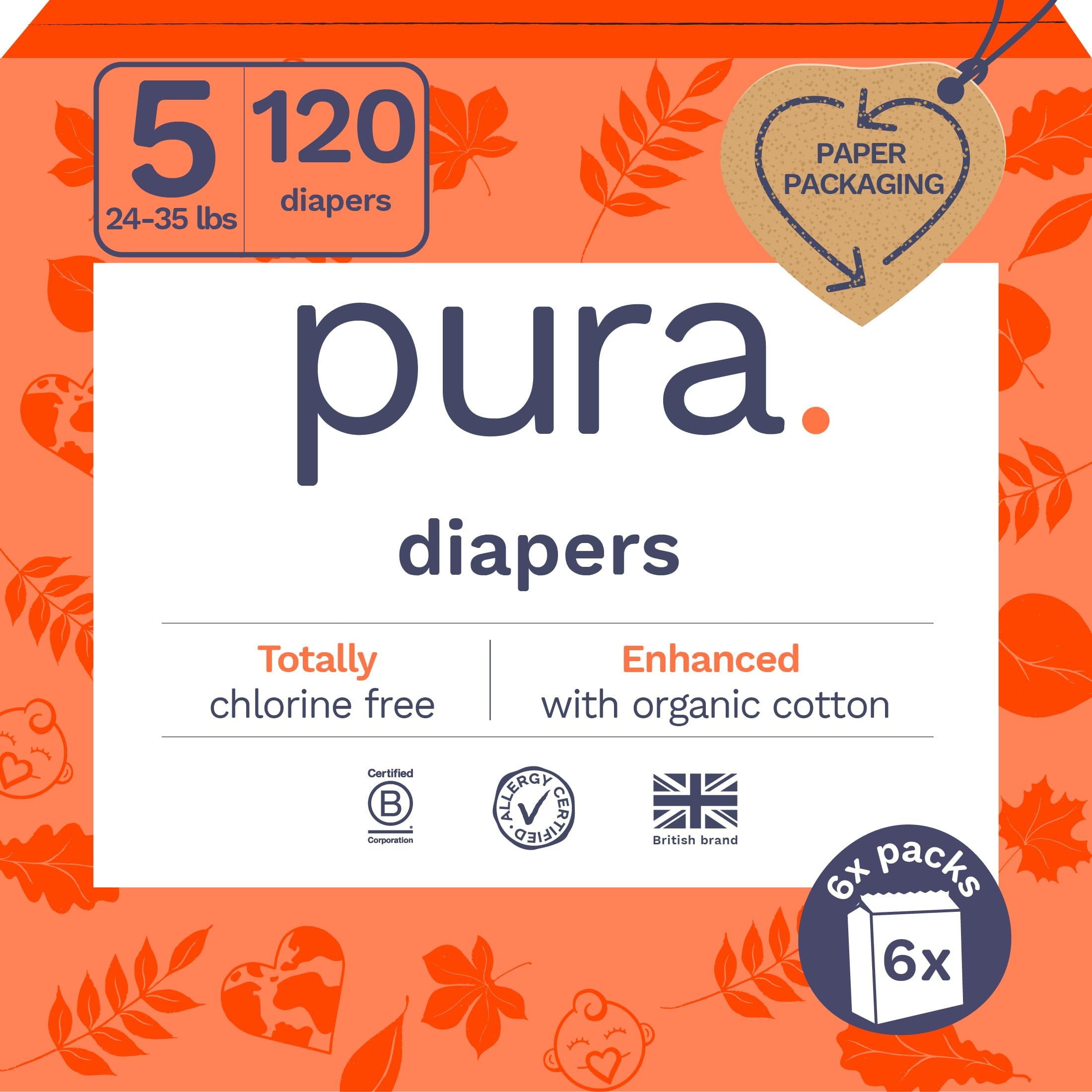 - Size 5 Eco-Friendly Diapers (24-35 lbs) Totally Chlorine Free (TCF), Hypoallergenic, Soft Organic Cotton, Sustainable, up to 12 Hours Leak Protection, Allergy UK, 6 Packs of 20 (120 Diapers)