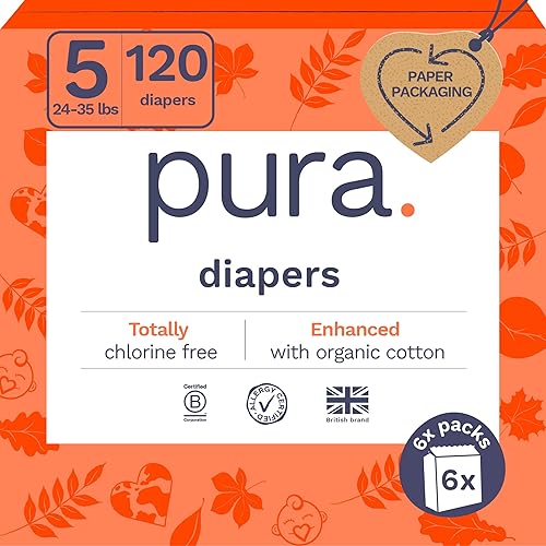 Pura - Pañales ecológicos talla 5 (24-35 libras), sin cloro (TCF), hipoalergénicos, algodón orgánico suave, sostenibles, hasta 12 horas de