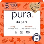 Pura Size 5 Eco-Friendly Diapers (24-35 lbs) Totally Chlorine Free (TCF), Hypoallergenic, Soft Organic Cotton, Sustainable, up to 12 Hours Leak Protection, Allergy UK, 6 Packs of 20 (120 Diapers)