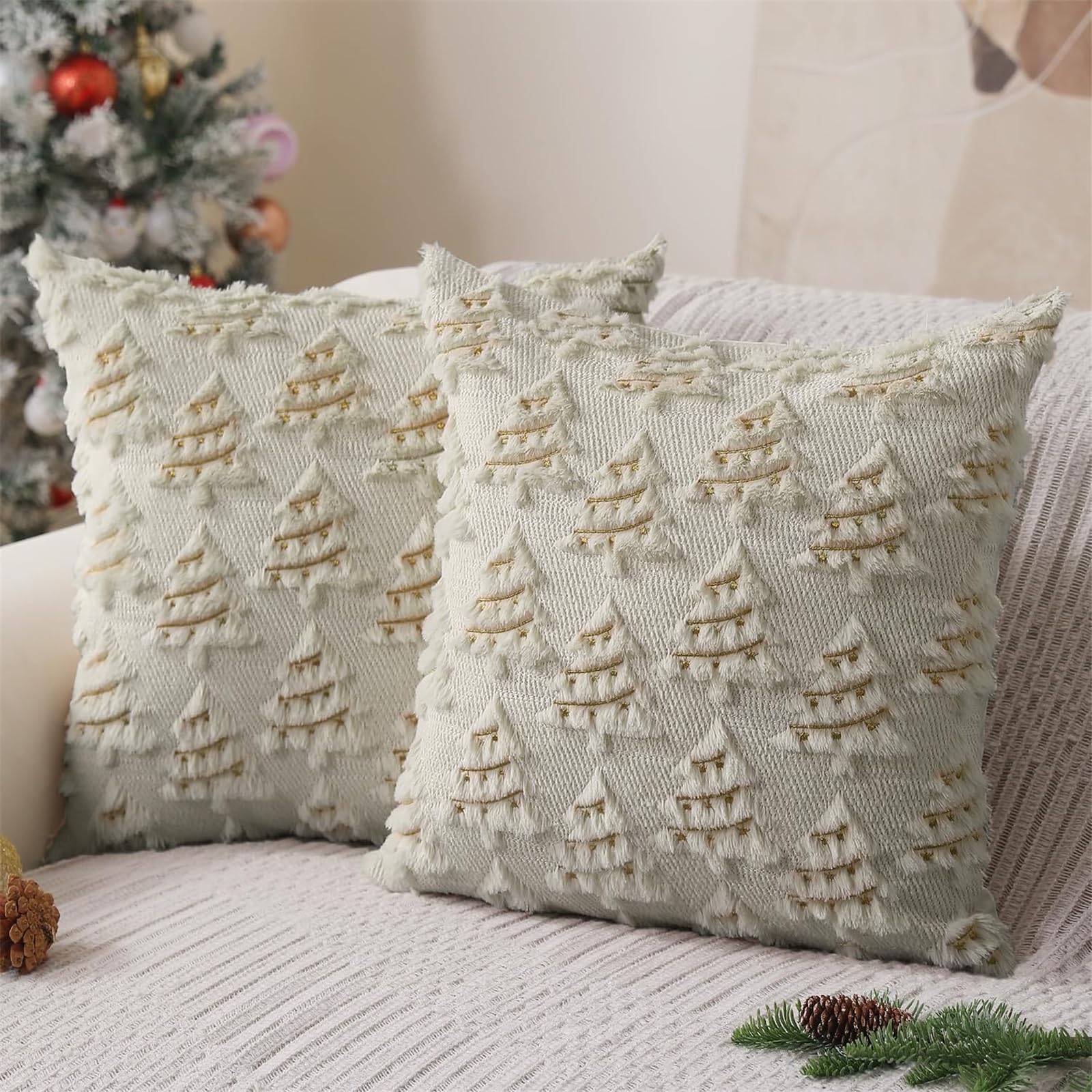 Federa decorativa per cuscino con albero di Natale, ricamata, a tema natalizio, riutilizzabile, per la casa