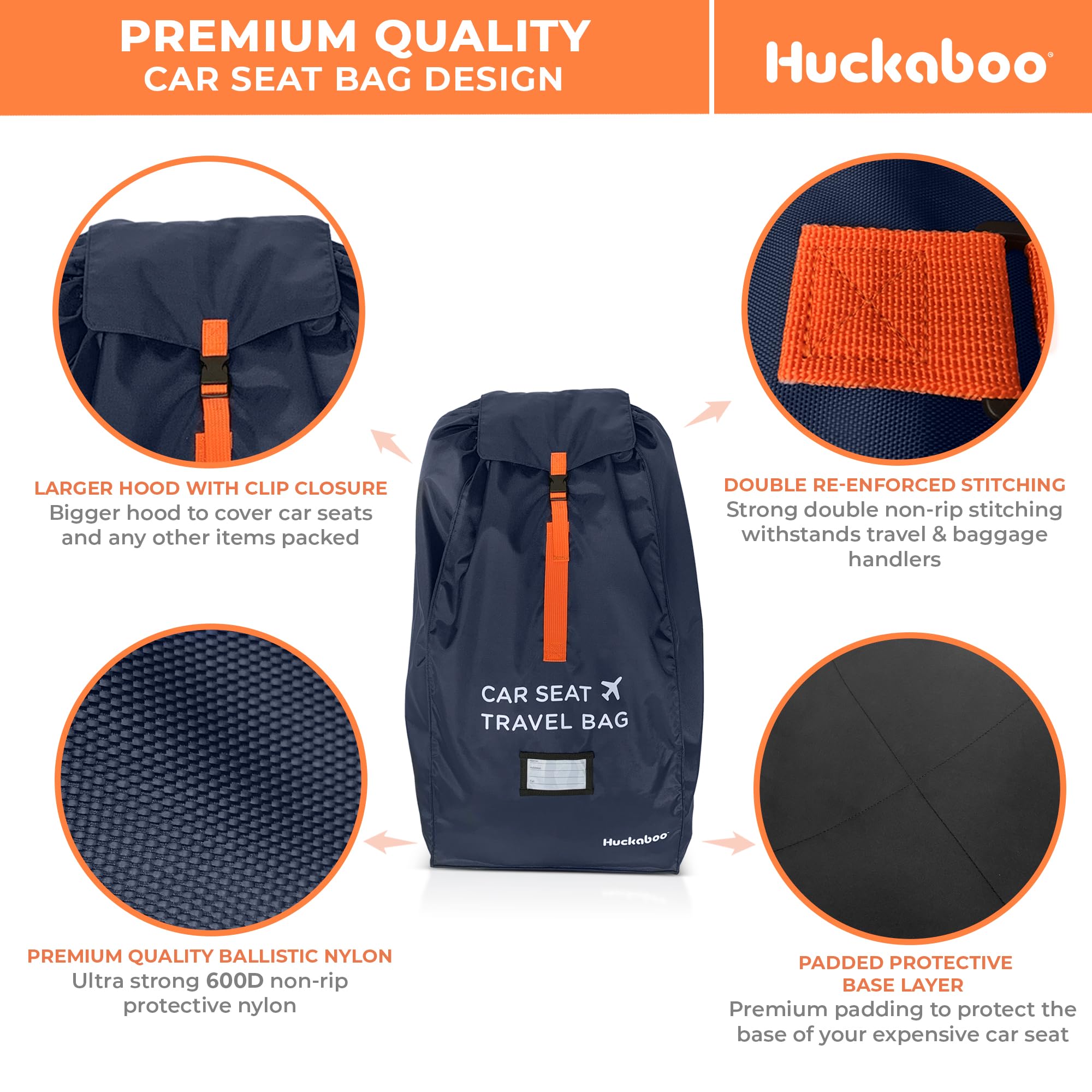 Huckaboo Car Seat Travel Bag - Strong Non Rip Nylon Car Seat Bag For Child Seats, Navy — view 4