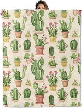 Cactus Plant Pattern Blanket 50x60 in, Flannel Throw Blankets for Travel Camping Sofa Living Room Decor, Lightweight Cozy Soft Fuzzy Gifts for Women Adults Kids