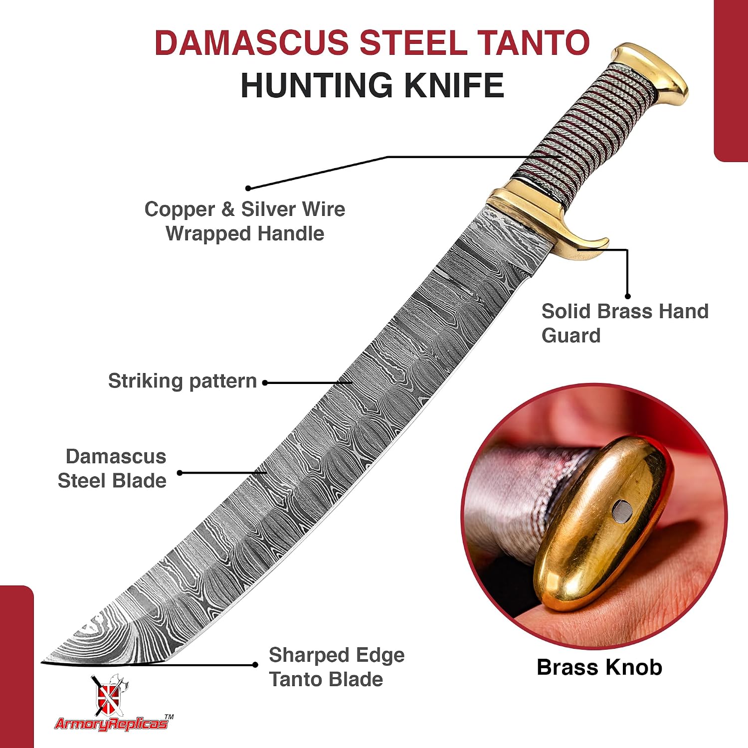 Armory Replicas™ Damascus Tanto Hunting Knife | Medieval-Inspired Wire-Wrapped Handle, Hand-Forged Damascus Steel Blade, Authentic Leather Sheath