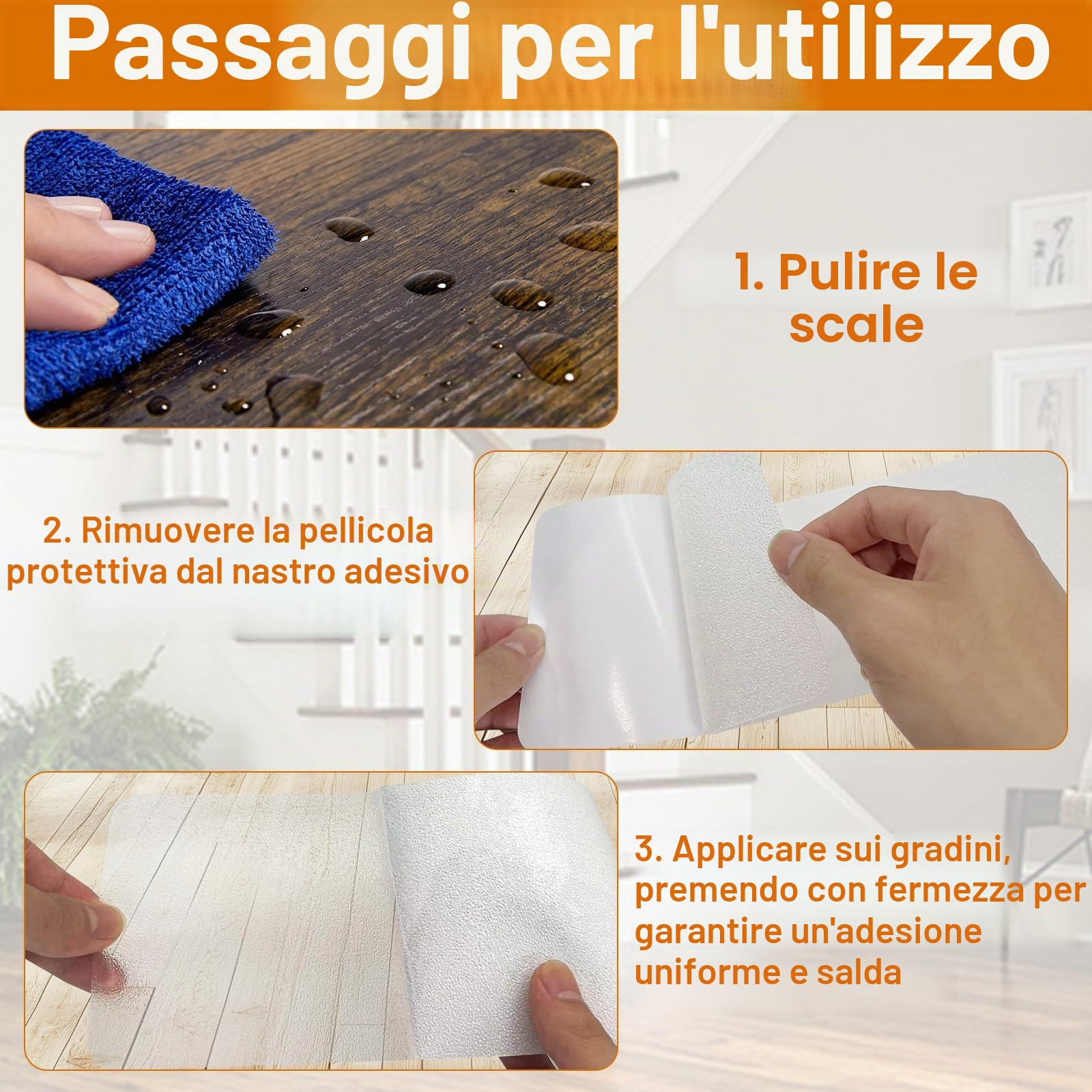Set di 15 tappetini antiscivolo per gradini, autoadesivi, antiscivolo, per scale, trasparenti, antiscivolo per gradini in legno e pavimenti (10 x 60 cm)