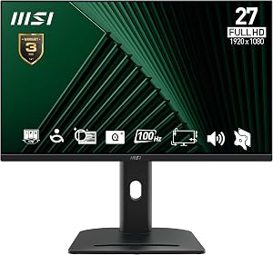 MSI PRO MP275PG 27 Inch Full HD Office Monitor – 1920 x 1080 IPS Panel, 100Hz, Eye-Friendly Screen, VESA Mountable, Displa…