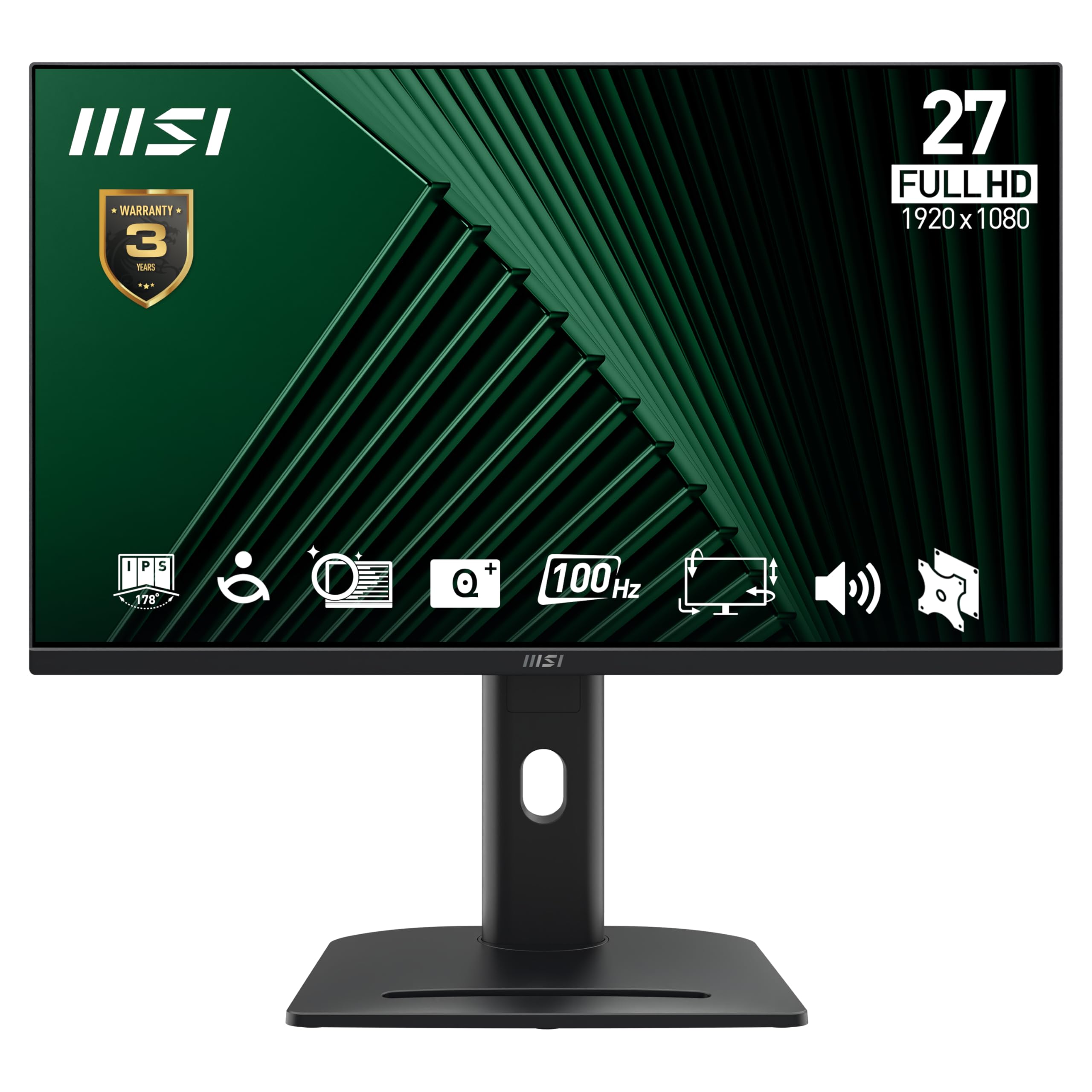 MSI PRO MP275PG 27 Inch Full HD Office Monitor - 1920 x 1080 IPS Panel, 100Hz, Eye-Friendly Screen, VESA Mountable, Display Kit Support, 4-Way Adjustable - HDMI, DisplayPort, D-Sub (VGA)