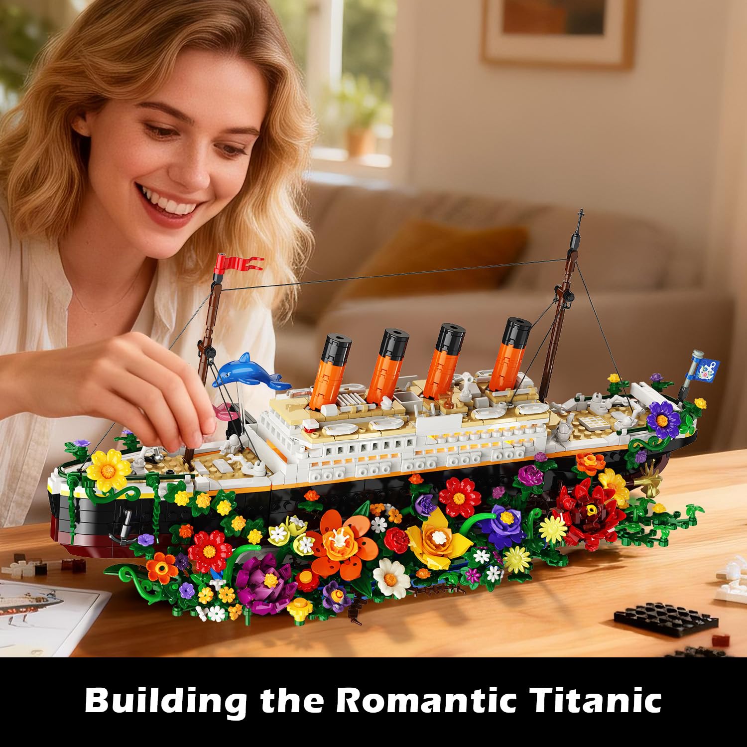 INSOON Titanic Blumen Klemmbausteine mit Licht für Erwachsene & Jugendliche | 1860 Teile Titanic-Schiffsmodell mit Blumen & Pflanzen, dekorative Bausteine, Geschenk für Jungen & Mädchen ab 12 Jahren