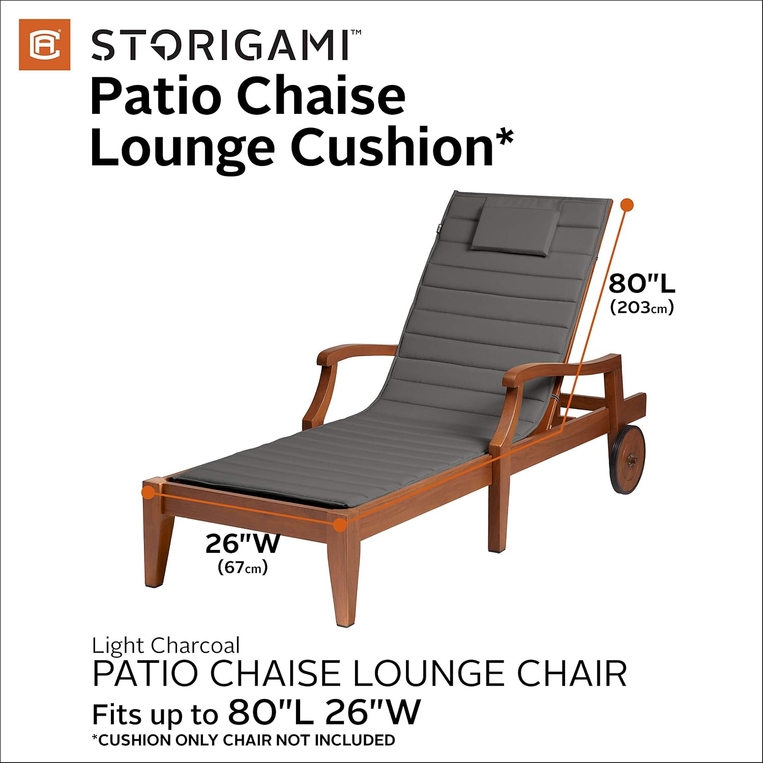 Classic Accessories Storigami Water-Resistant 80 x 26 Inch Chaise Lounge Cushion, Light Charcoal (Chair not Included), Patio Cushion
