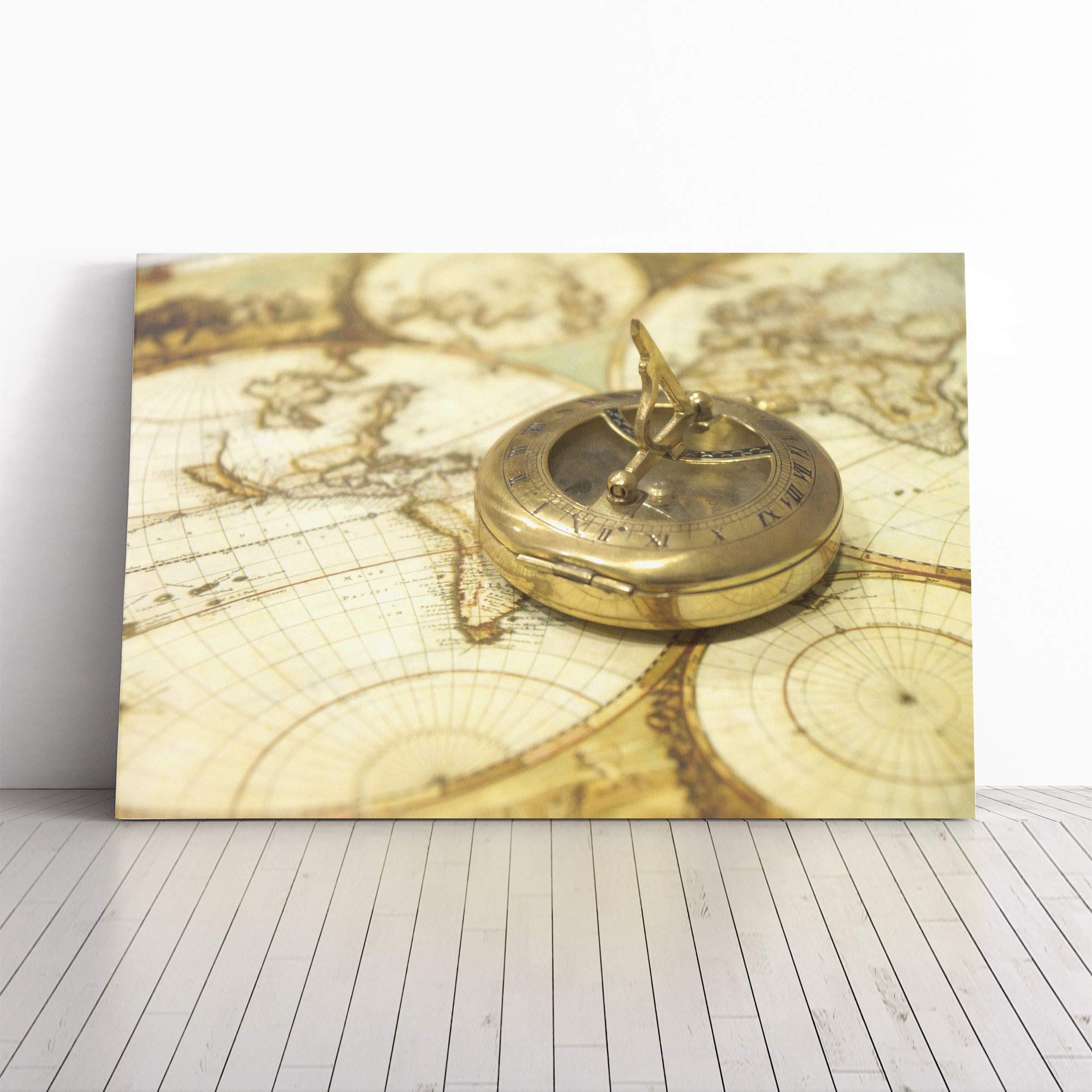 Compass and Map Canvas Print | Gallery Wrapped 30mm Frame Wall Art | 24x16 inches | Ready to Hang | Retro Maps Picture | Living Room Bedroom Lounge Office