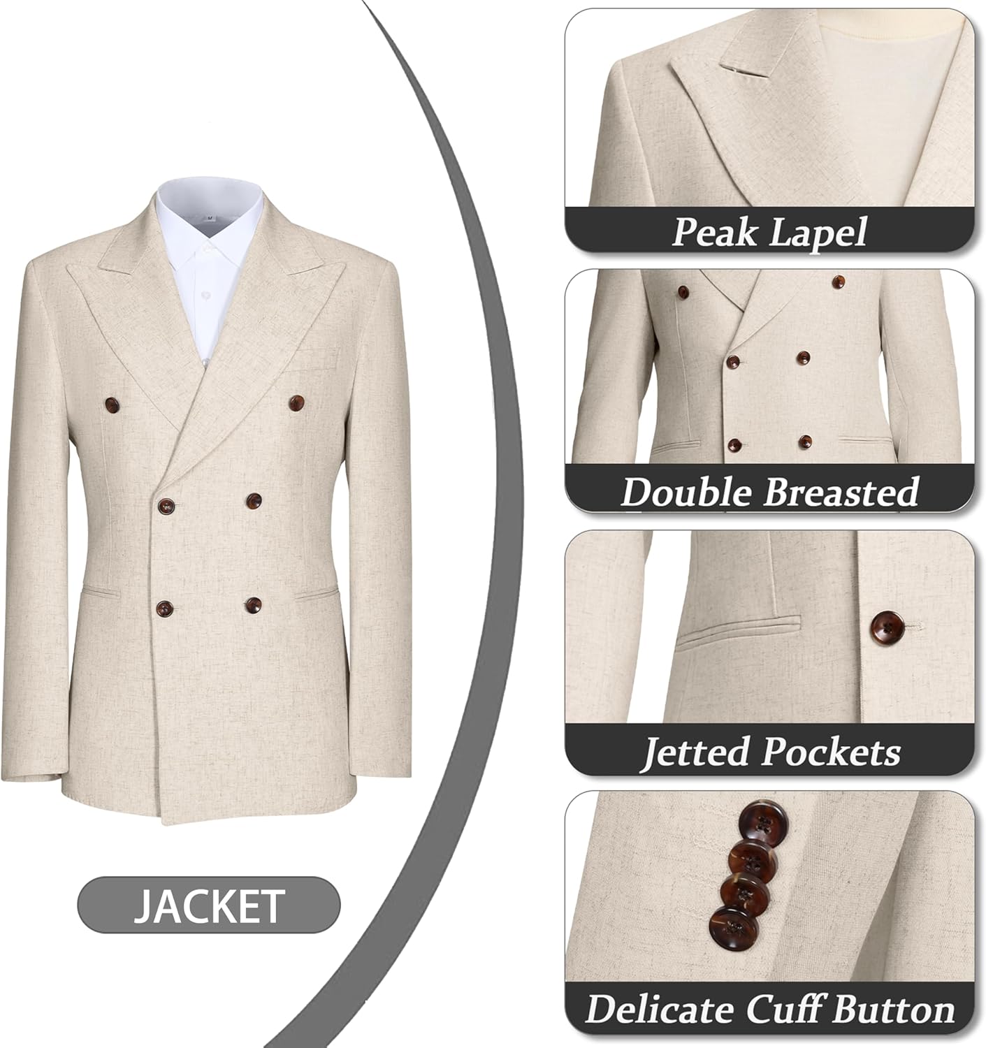 Mens Suit Linen 2 Piece Suits for Men Peak Lapel Slim Fit Suit Set Double Breasted Tuxedo for Wedding Prom - Image 4