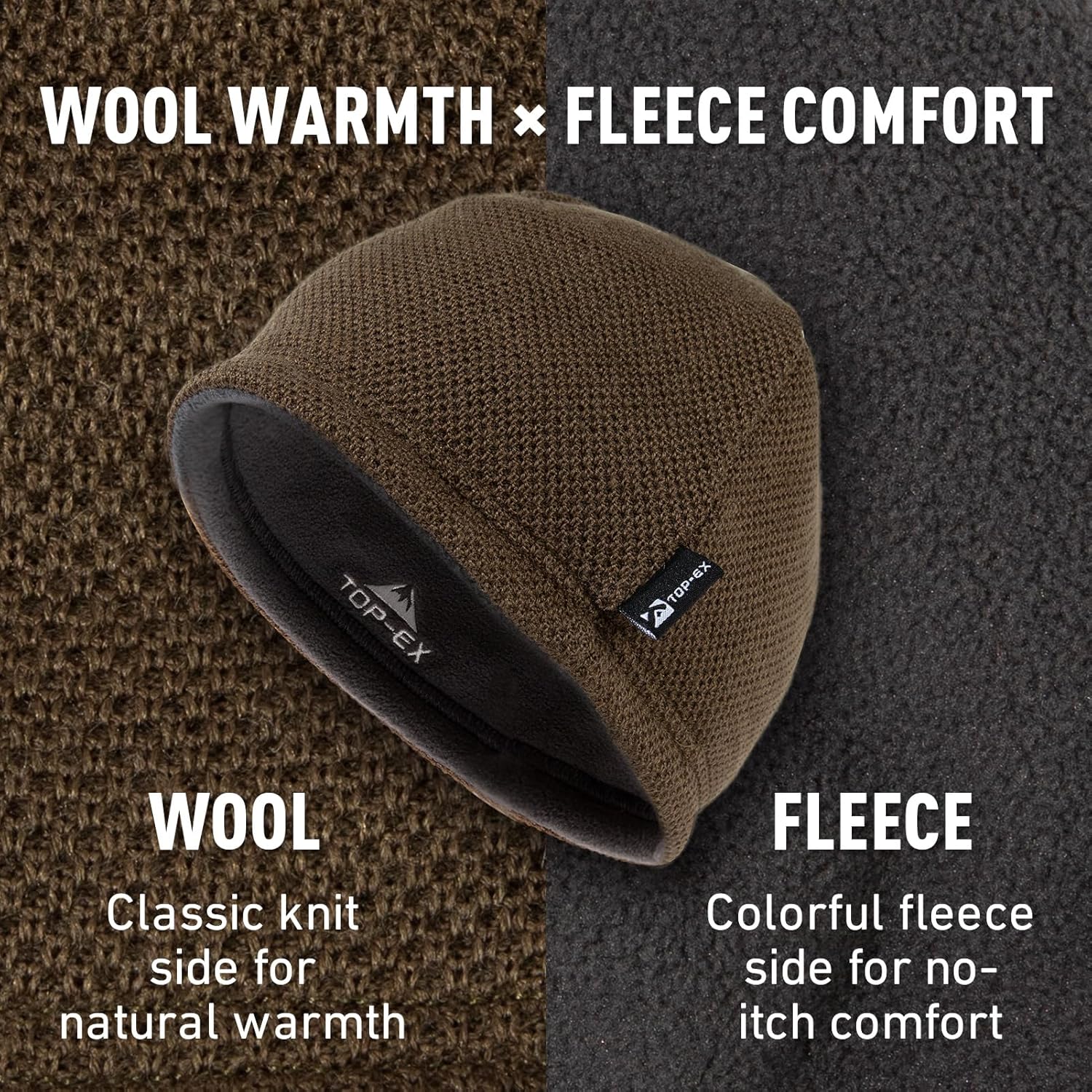 TOP-EX DryKnit™ Waterproof Wool Beanie Hat for Men Fleece Lined Skull Cap Winter Knit Hat Watch Caps Reversible & Windproof - Image 4