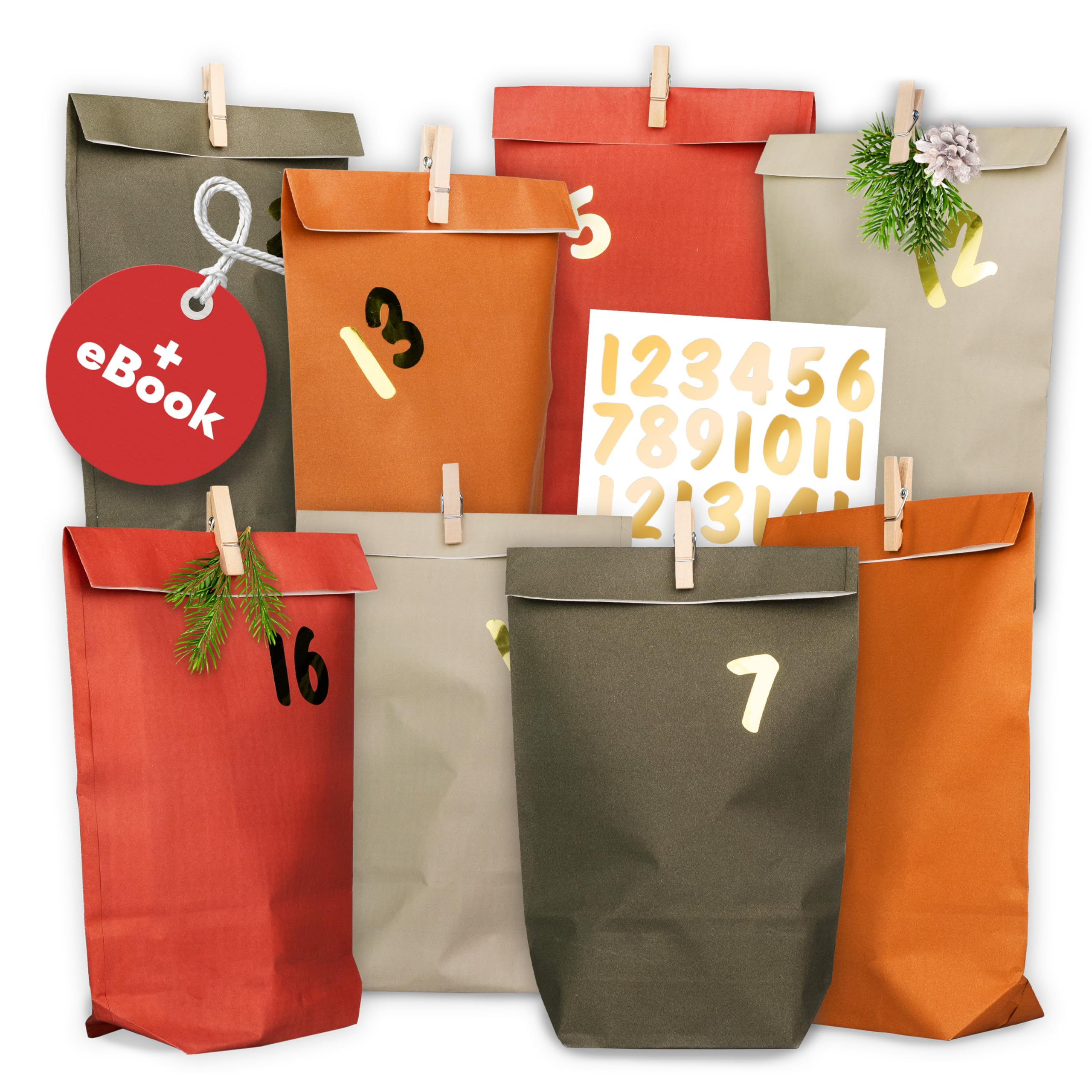 AMARI Advent Calendar for Filling, 24 Paper Advent Bags (with Wooden Clips) for Crafts for Christmas