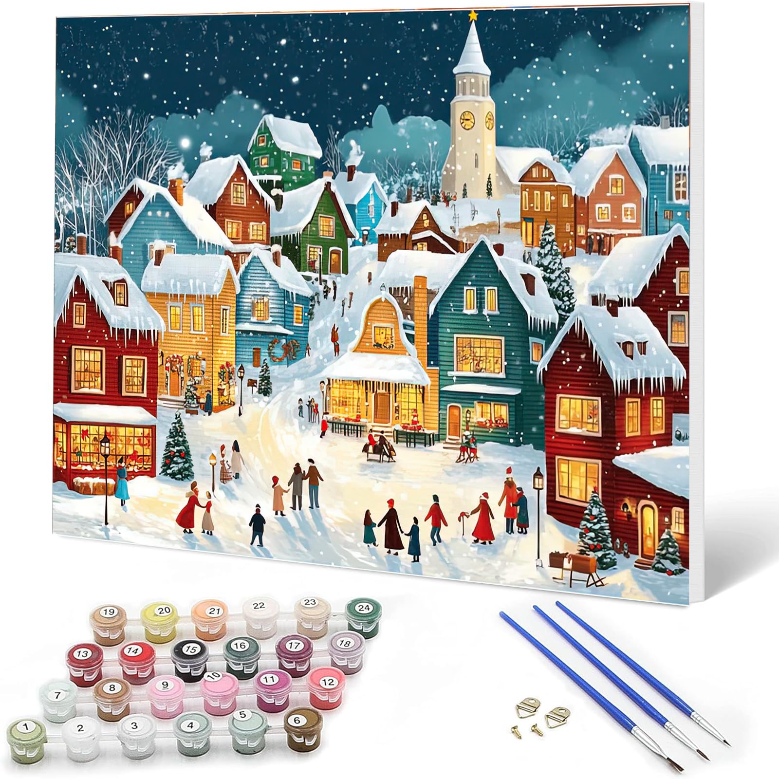 Auremi Village Winter Paint by Numbers Kits for Adults Kids,Christmas Painting Kits for Beginners On Clear Symbols Canvas with Wooden Framed, Easy DIY Acrylic Pigment Drawing 20x30cm