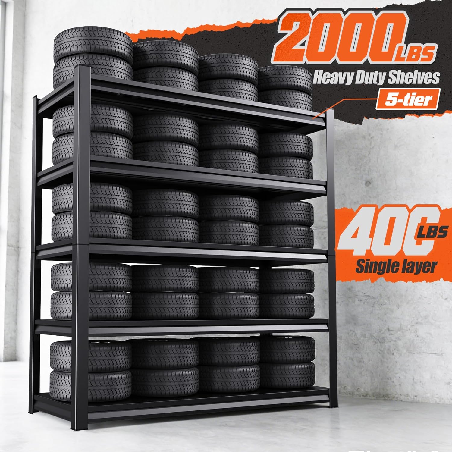 Garage Shelving, 2000LBS Garage Storage Shelves, 5-Tier Heavy Duty Shelves, Utility Adjustable Metal Shelving Unit, 72" H x 39.3" W x 13.7" D Storage Shelf for Warehouse, Basement, Closet