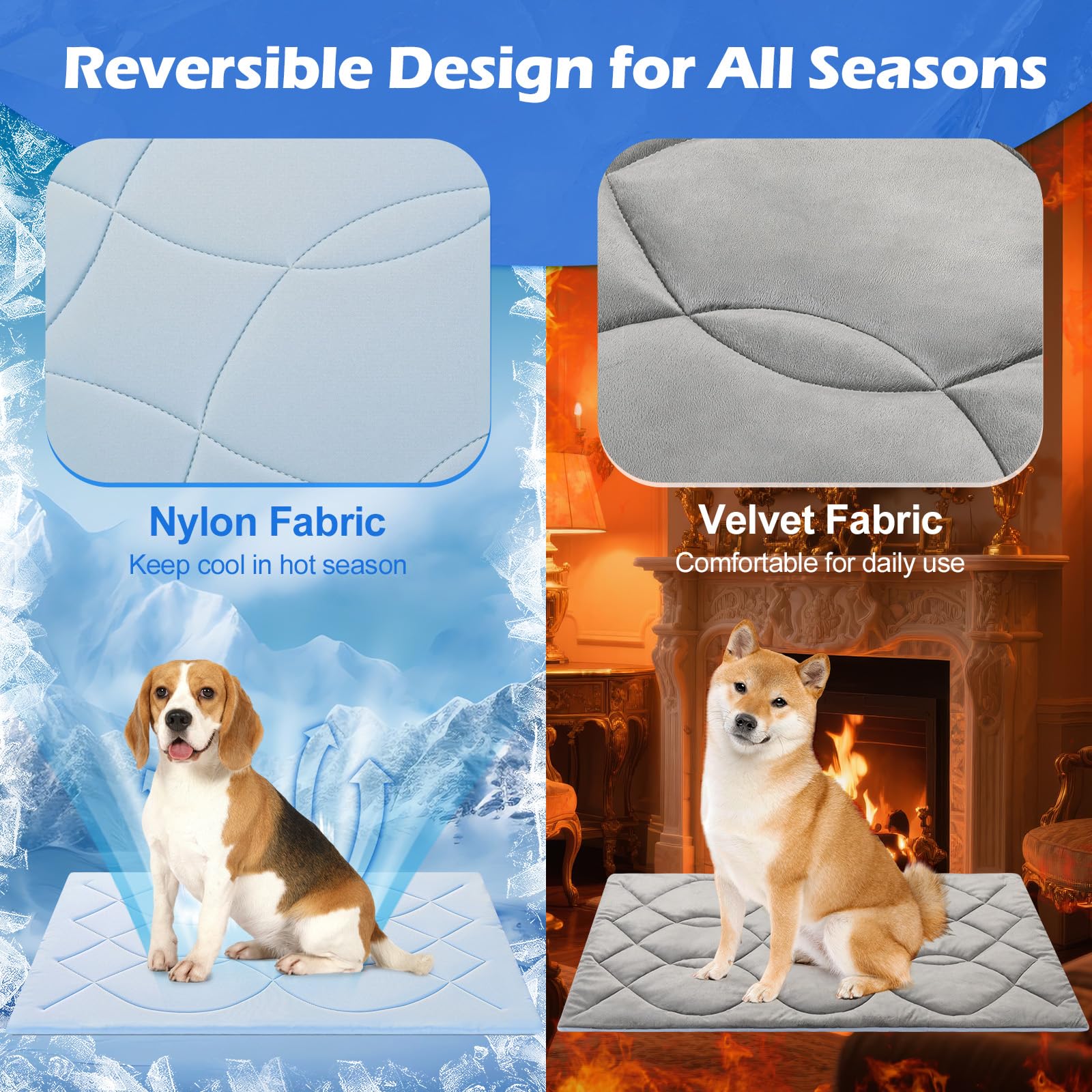 Alfombrilla Refrescante para Perro, 91×58cm (M), Q-MAX>0,4, Alfombrilla Autorrefrigerante para Perro de Doble Cara Reversible (Fresca y Cálida) para Mascotas Verano, Sin Gel, Azul + Gris