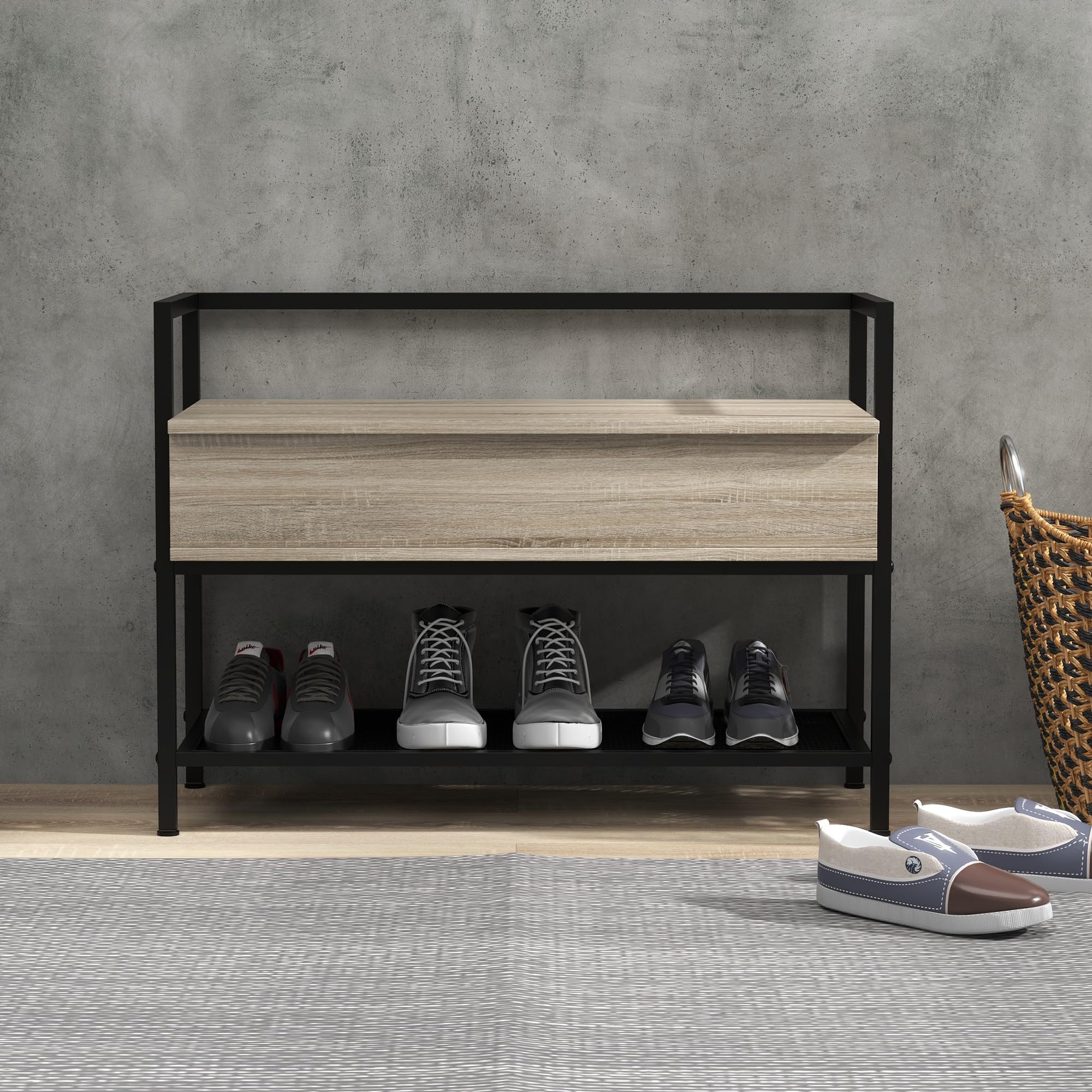 HOMCOM Banco Zapatero con Tapa Abatible para 4 Pares 84x39,5x61 cm Roble | Mueble Zapatero con Banco, Compartimento Oculto, Estante Inferior de Rejilla, para Pasillo Salón