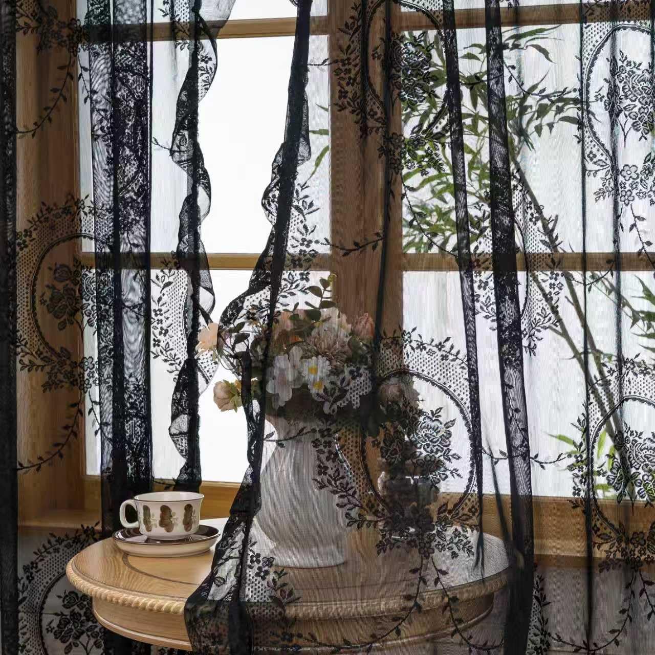 LOHUT Black Lace Curtains for Living Room, 84 Inches Long, 2 Panels Set, Boho Sheers with Floral Curtain Lace, Vintage Floral, Sheer Curtains 84 Inch