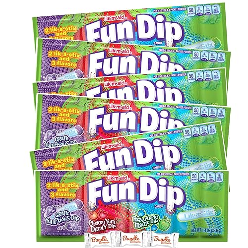 FUN DIP Paquete de 3 sabores, RazzApple Magic Dip, Cherry Yum Diddly Dip, Grape Yumtious 1.4oz (paquete de 6) con paquete de dulces Bonanza