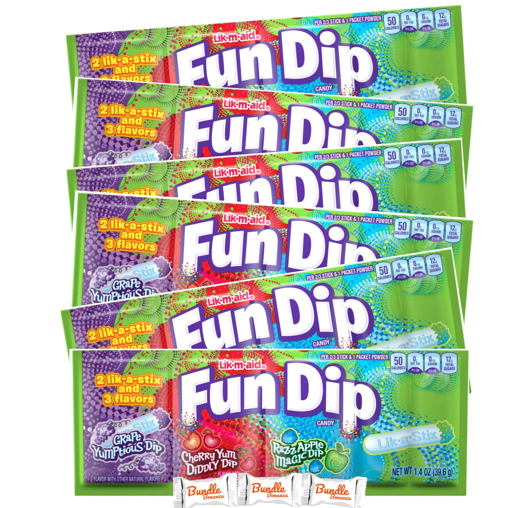 FUN DIP 3 Flavor Pack, RazzApple Magic Dip, Cherry Yum Diddly Dip, Grape Yumtious 1.4oz (6 Pack) W/Bundle Bonanza Candy