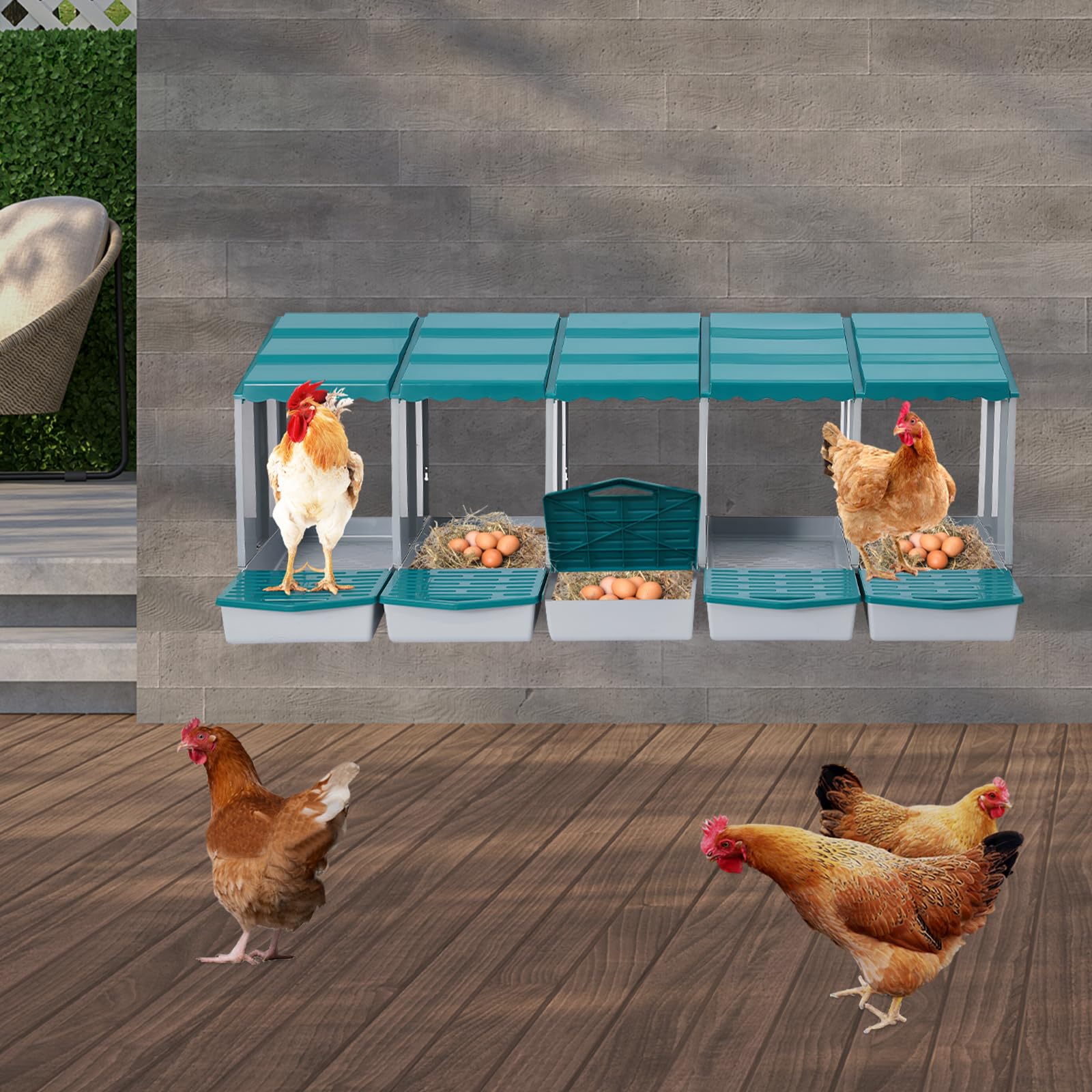 Gallinero nido para gallinero, accesorios, caja con recogehuevos, de material PP, para montaje en pared o de pie en exteriores, cría de pollos (verde, 5 compartimentos)