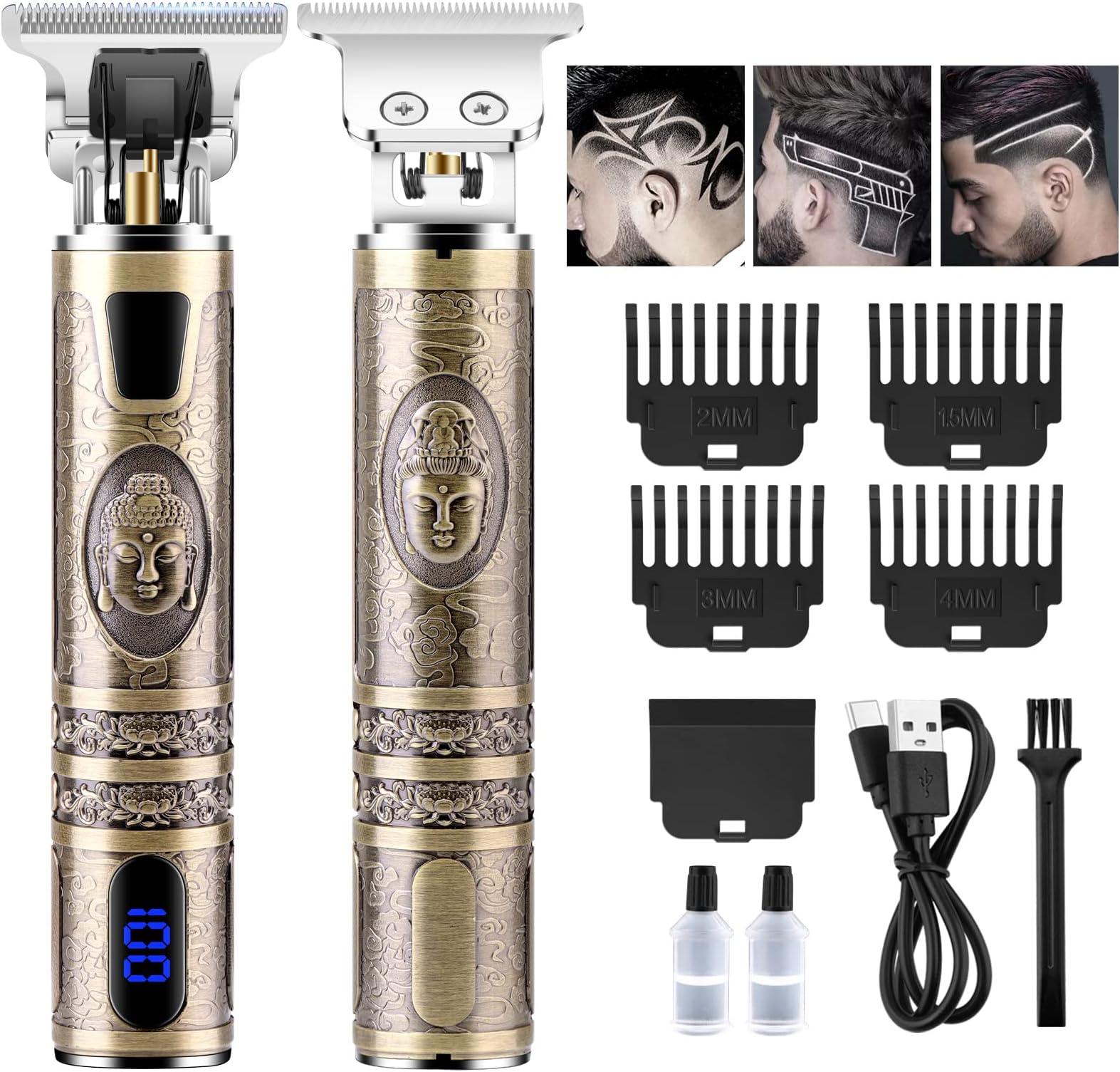 WARMTUYO Hair Clippers Men Professional, Cordless Beard Trimmer for Men, Electric Shaver with LCD Display, Rechargeable 0MM T-Blade Beard Grooming Kit Head Shaver Set for Barbers Haircut (Gold)