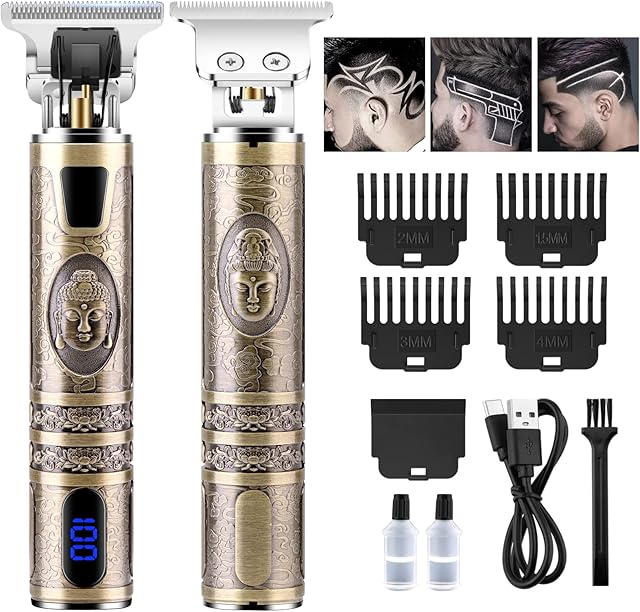 WARMTUYO Hair Clippers Men Professional, Cordless Beard Trimmer for Men, Electric Shaver with LCD Display, Rechargeable 0MM T-Blade Beard Grooming Kit Head Shaver Set for Barbers Haircut (Gold)