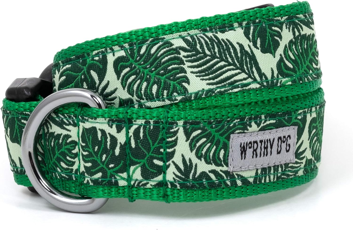 THE WORTHY DOG Collar for Large Dogs, Adjusts 18-24 inches, Durable Nylon Webbing, Quick Release Buckle, Tropical Leaves Pattern, Leafy Green, X-Large