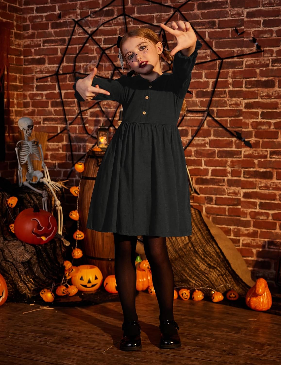 Arshiner Girls Long Sleeve Dress Fall Winter Ruffle Peter Pan Collar Front Button Casual Cotton Dresses - Image 4