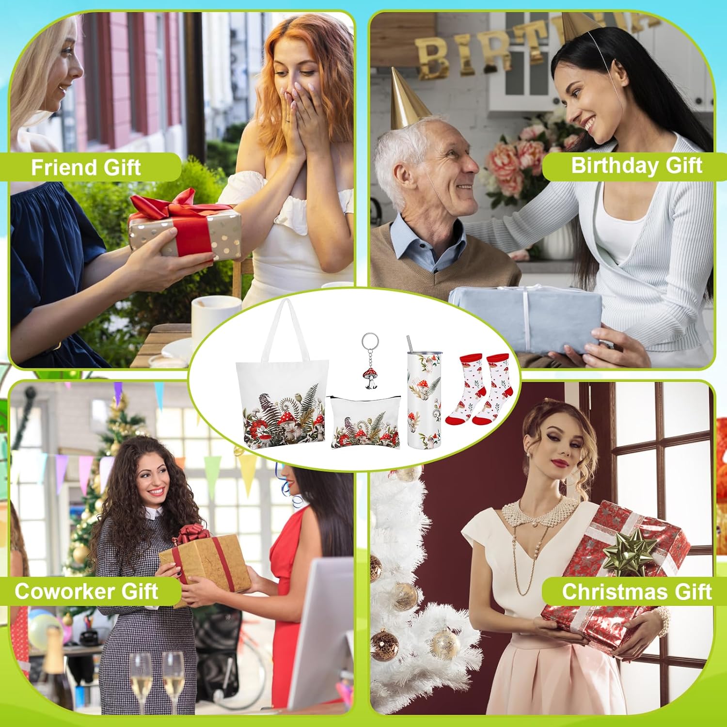 VAIPI 5 Pcs Mushroom Gifts for Women Mushroom Lover Gifts Stuff Include 20 oz Stainless Steel Insulation Tumbler Canvas Tote Bag Makeup Bag Socks Cute Keychain for Mother's Day Birthday Present - Image 6