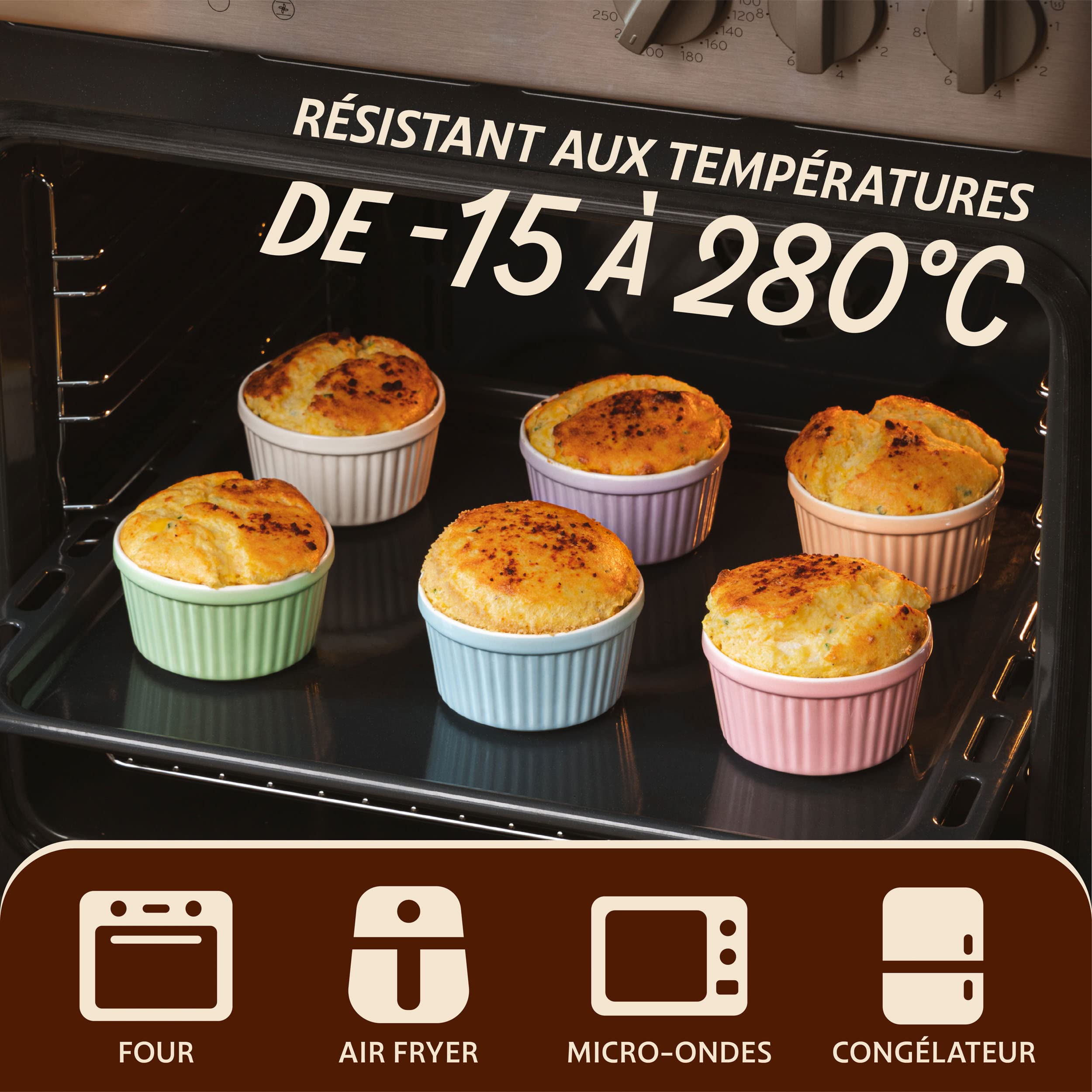 Praknu 6 Ramequins en Céramique 200 ml - Allant au Four - 9 cm - Empilables - Revêtement Antiadhésif - Emballage sans Plastique