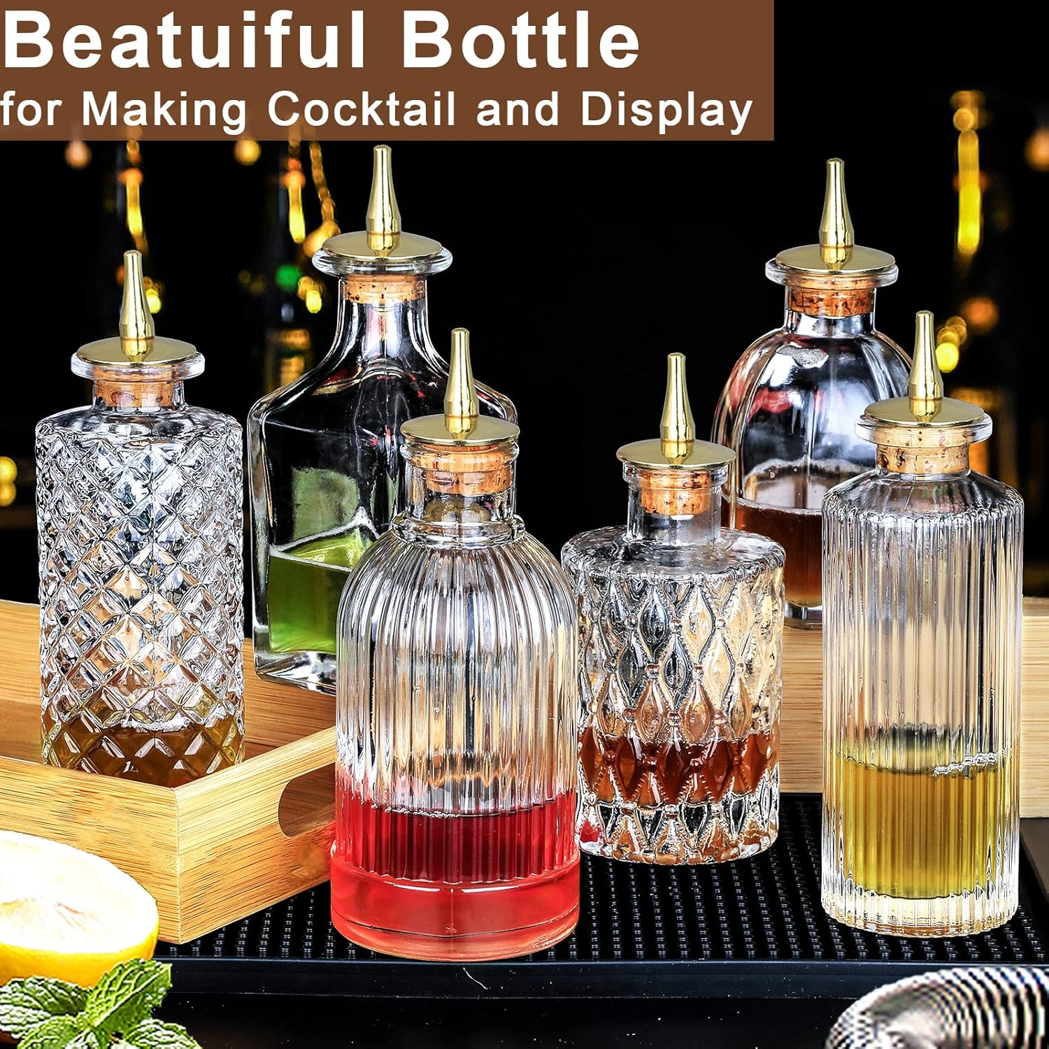 SuproBarware Bitters Bottle - Set of 6 Glass Dasher Bottles with Tray Barware Set for Home Bar Bartender
