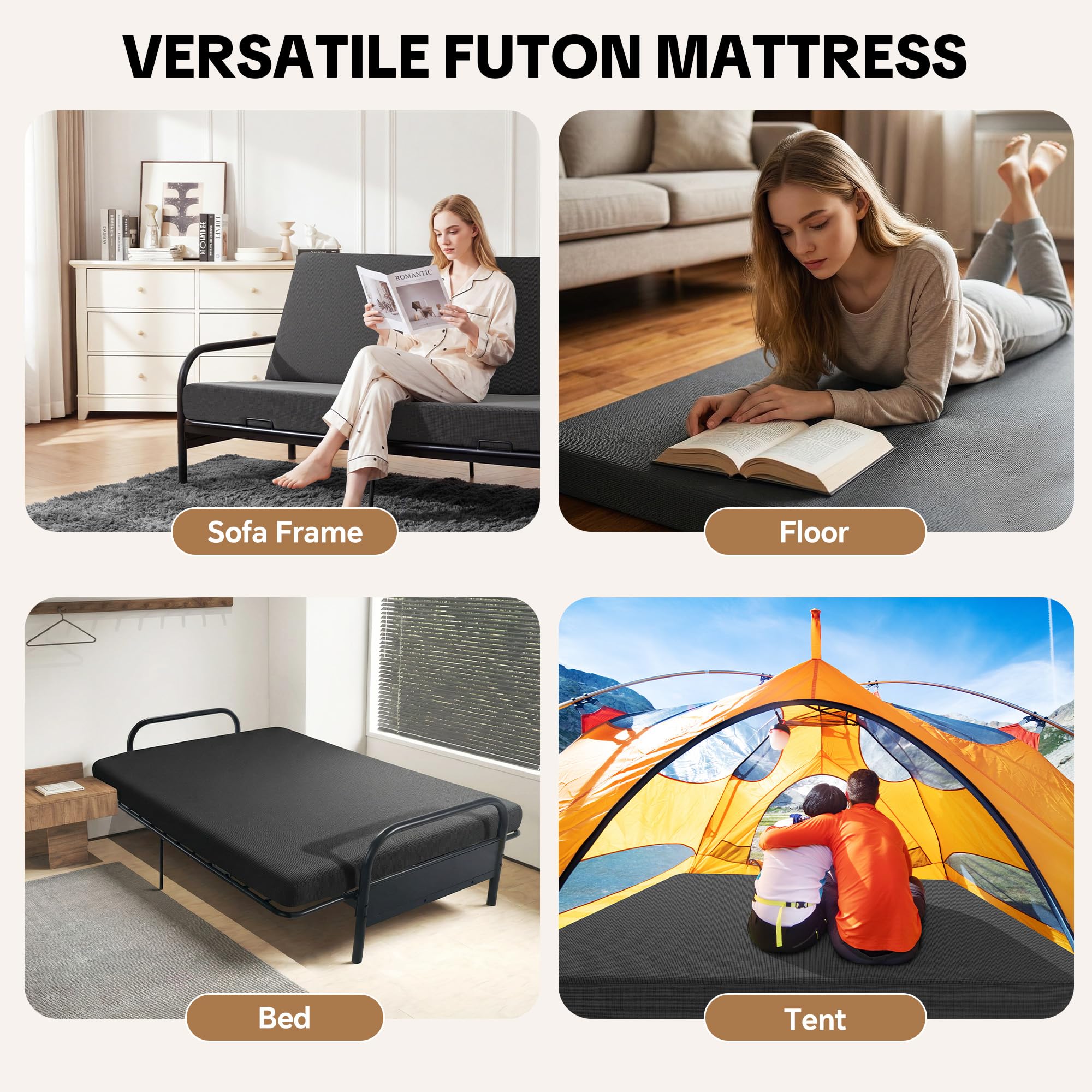 MABOZOO 6 Inch Full Size Futon Mattress, Foldable Futons Sofa Couch Bed Foam Floor Mattress Fits Futon Frames (Frame Not Included, Gray)