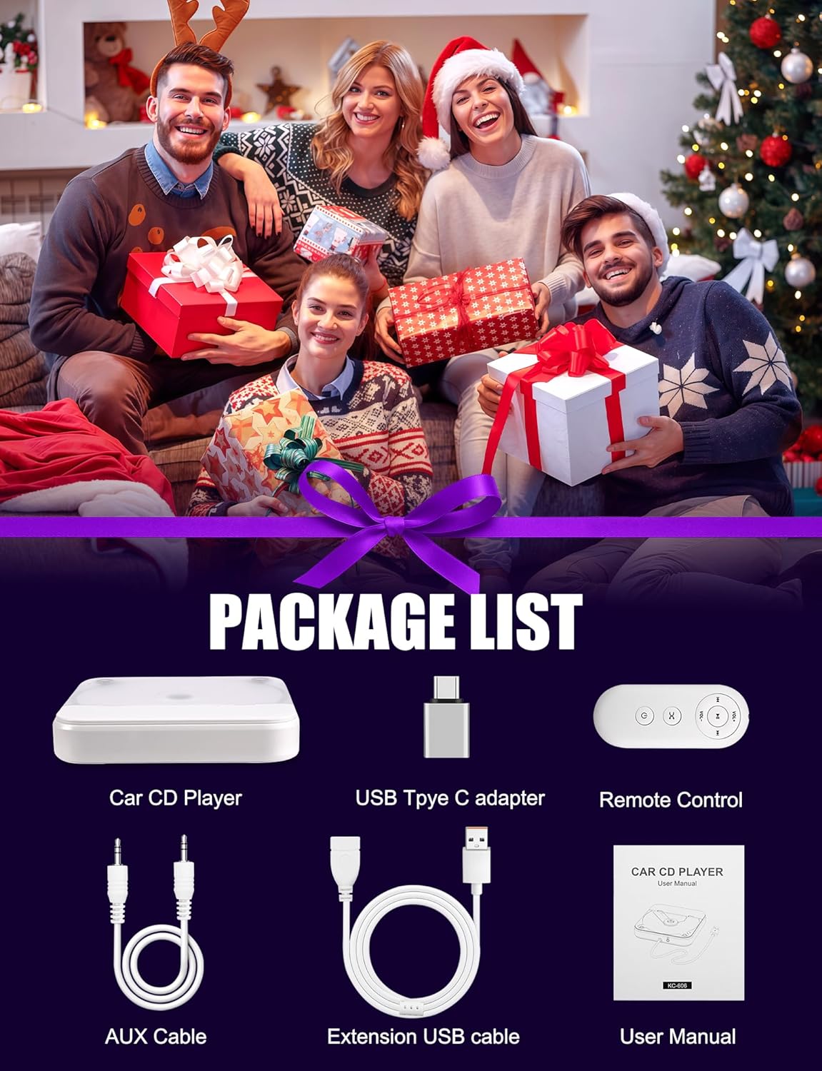 CD Player for Car USB Port AUX Port, External Car CD Player with USB-C Adapter, Extension Cable, for Cars Without CDs Player, Work Vertically and Horizontally for Car Stereo