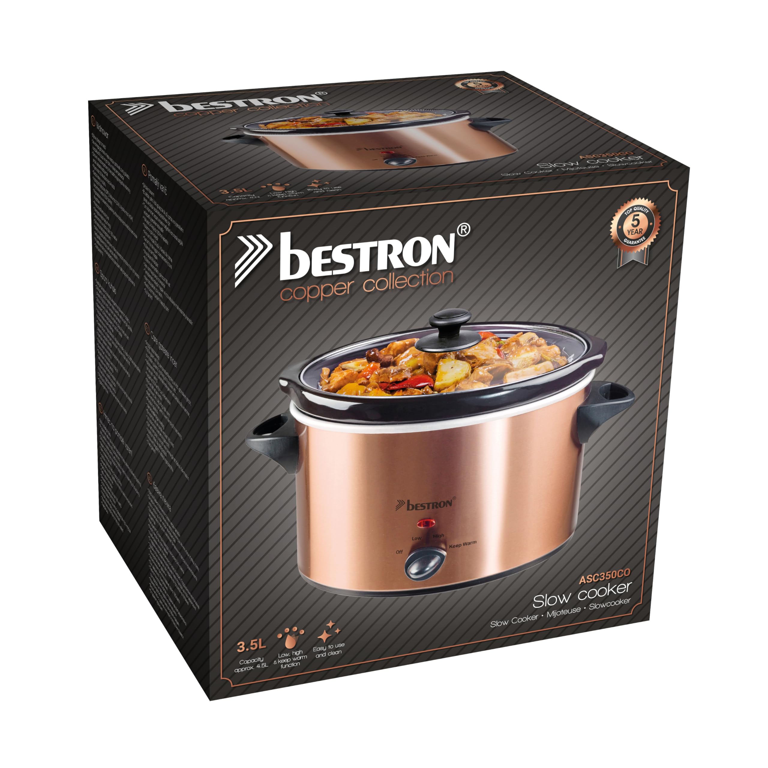 Bestron Slowcooker per 4 persone, con padella in ceramica e coperchio in vetro, termostato a 3 livelli, ideale per molti piatti come carne, zuppe e verdure, 3,5 litri, collezione di rame