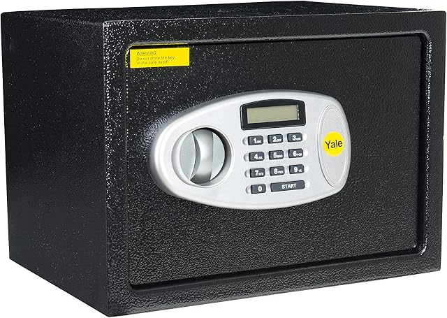 Yale Y-MS0000NFP Medium Digital Safe, Steel Construction, LCD Display, Steel Locking Bolts, Emergency Override Key, Wall And Floor Fixings, 16 Litre Capacity 25 x 35 x 25 cm, Home Office Safe , Black