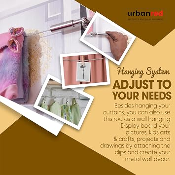 UrbanRed 16.4 FT (5m) Adjustable Indoor Outdoor Wire Curtain Rod Room Divider Hanging System with 24 Clips Wire Hanging System, Clothesline Clothes Hanger Kids Craft Art Decoration on Walls