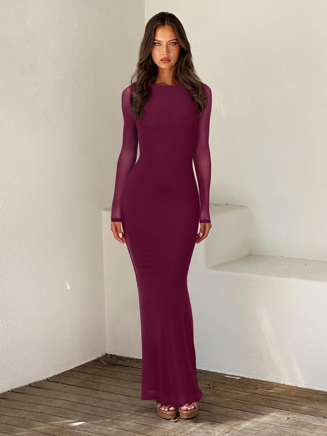 REORIA Women's Spring Mesh Sheer Long Sleeve Wedding Guest Dress Sexy Floral Bodycon Maxi Long Dresses - Image 4